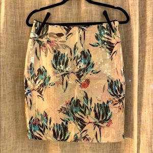White tropical floral sequin print pencil skirt